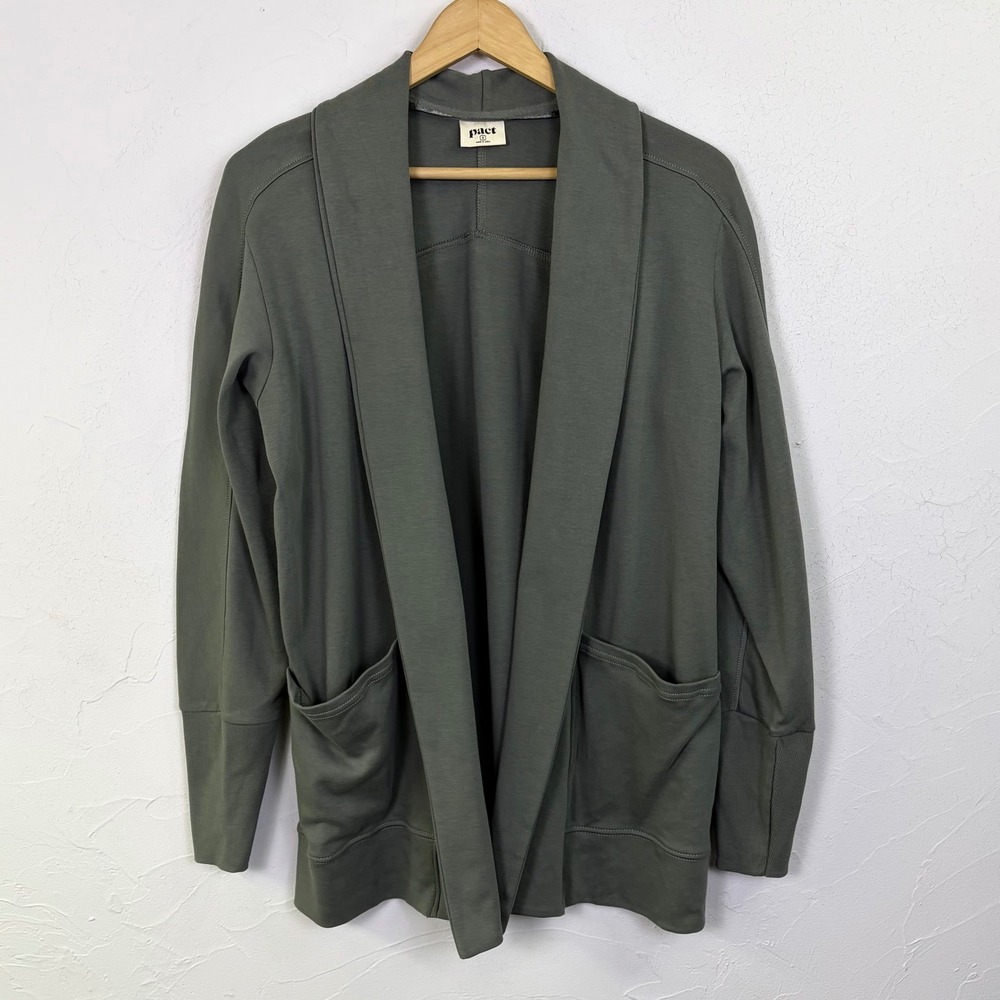 Pact Organic Airplane Wrap Cardigan Cotton Women Small Green Pocket Minimalist